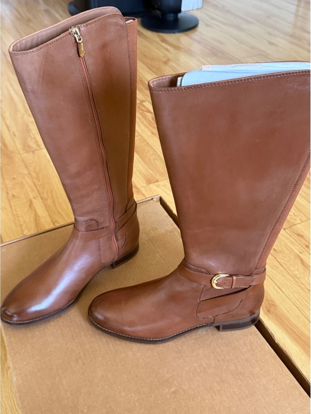 Clarks NWOB Brown Leather Knee High Riding Boots Buckle Zip Size 10W